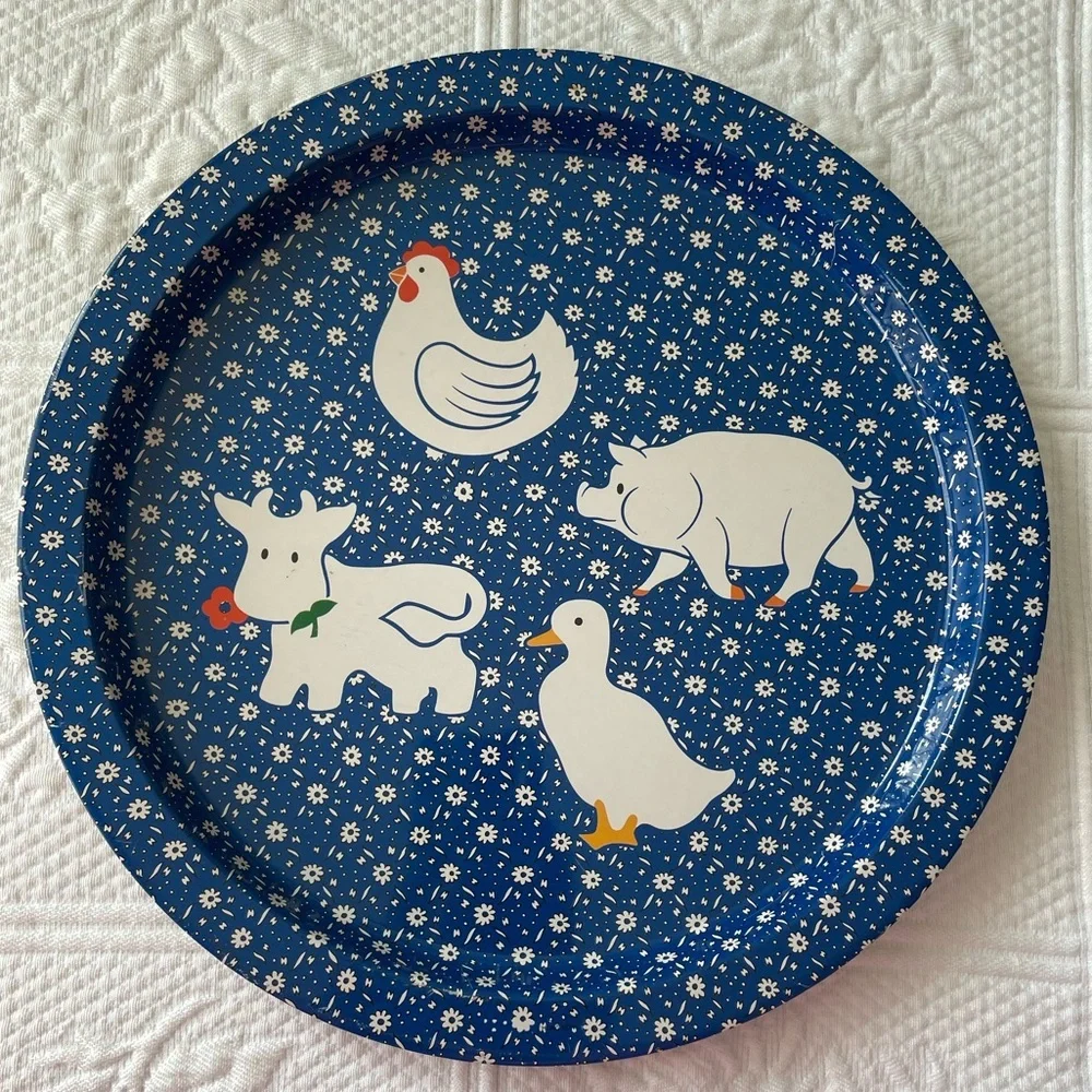 Farm Animal Metal Serving Tray Decor Cow Pig Chicken Duck Blue White Set of 2 - Picture 2 of 7